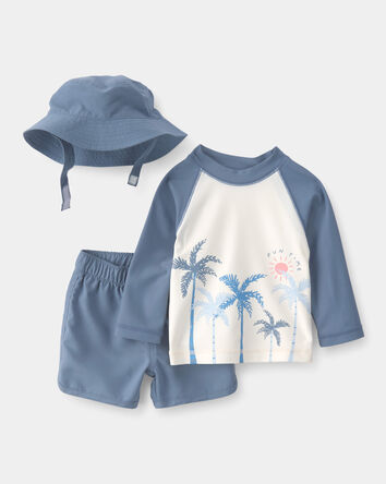Baby Boy 3-Piece Palm Tree Solid Long-Sleeve Rashguard Swimsuit Set - Blue/White, 