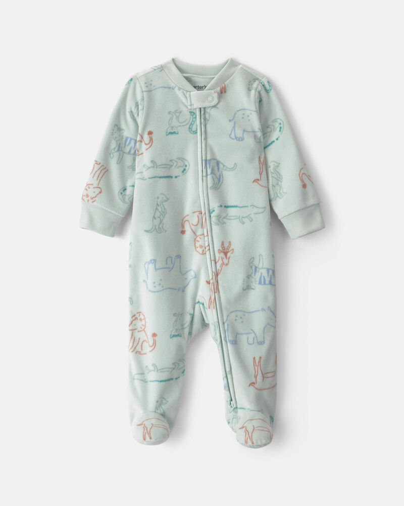 Baby Boy Safari Fleece 2-Way Zip Sleeper - Green, image 1 of 5 slides