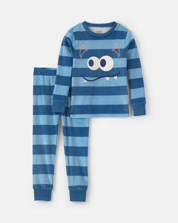 Toddler Boy 2-Piece Monster Striped DreamPlush Snug Fit Pyjama Set - Blue, 