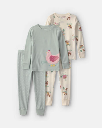 B&eacute;b&eacute; fille - Pyjama ajust&eacute; 4 pi&egrave;ces en 100 % coton &agrave; motif poulet campagnard - Bleu/Cr&egrave;me, 