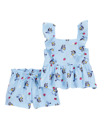Bébé Ensemble 2 pièces haut en tissu gaze à manches volantées imprimé de Bluey et short - Bleu, 