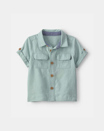 Baby Boy Linen Short-Sleeve Button-Down Shirt - Green, 