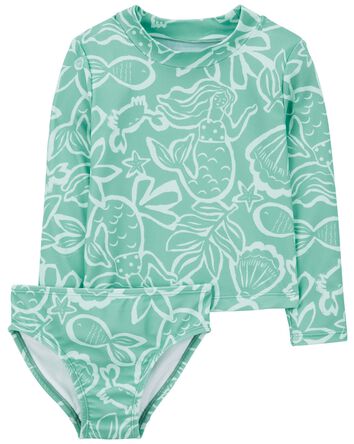 Tropical Print 2-Piece Rashguard Swimsuit Set, 