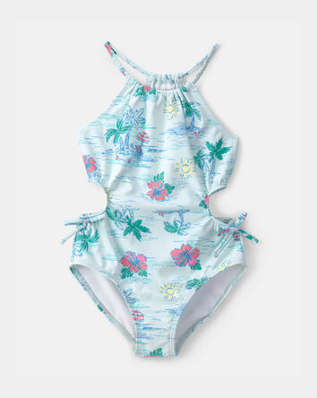 Filles - Maillot de bain 1 pi&egrave;ce sans manches, imprim&eacute; de plage - Bleu, 