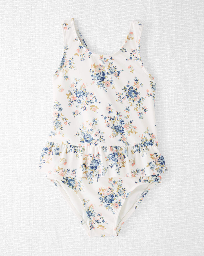Vintage 50s Daisy Patch Bathing Suit / Blue Swimsuit With White
