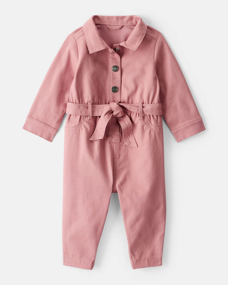 Baby Girl Cotton Long-Sleeve Jumpsuit - Pink, image 1 of 4 slides