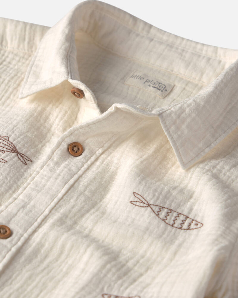 Boys 2-Piece Organic Cotton Gauze Embroidered Top & Short Set, image 3 of 5 slides
