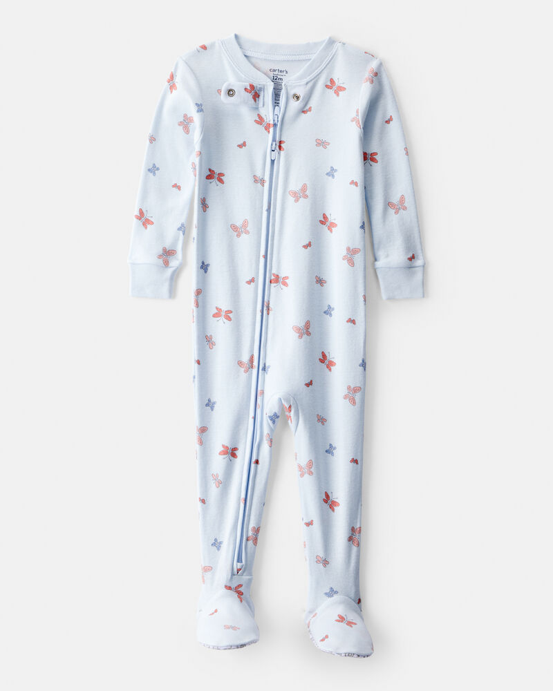 Baby Girl Butterfly 100% Cotton Snug Fit 2-Way Zip Footie 1-Piece Pyjamas - Blue, image 1 of 4 slides