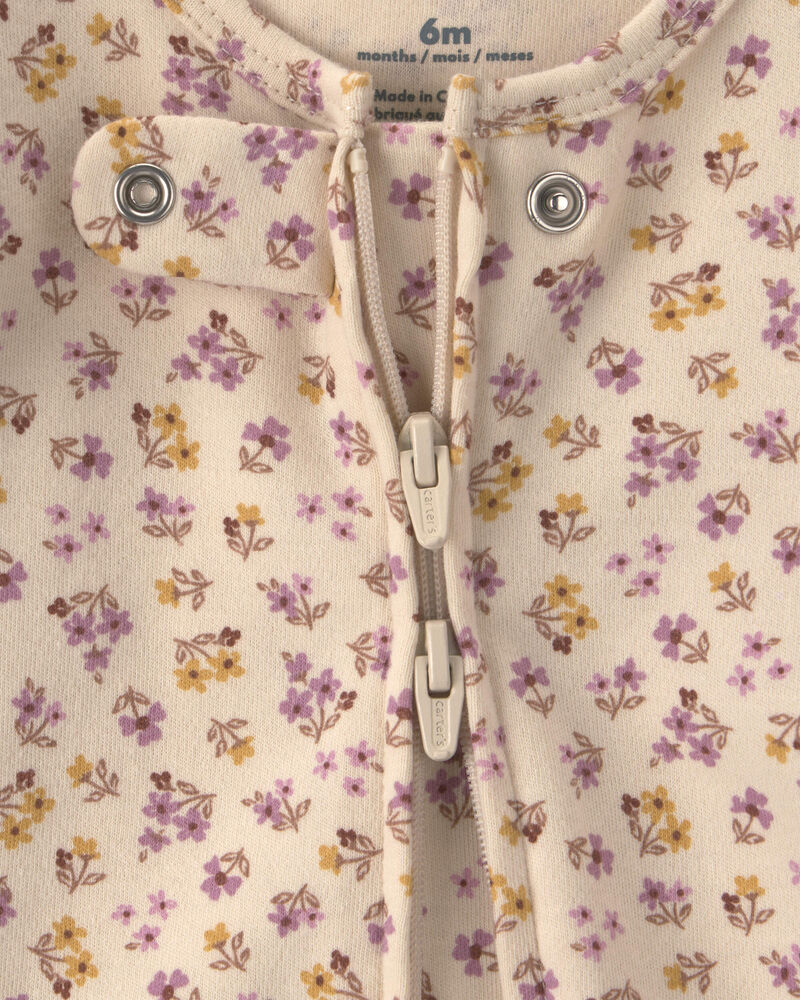 Baby Girl Floral 100% Cotton 2-Way Zip Sleeper - Cream, image 3 of 5 slides