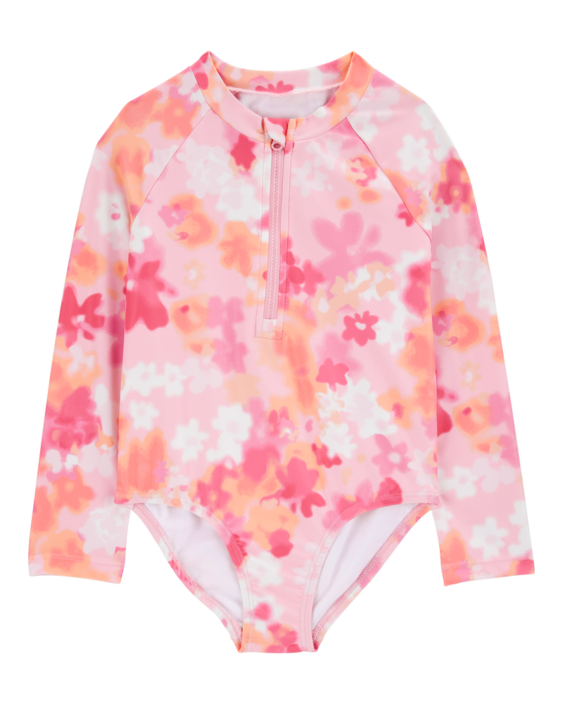 Toddler 1-Piece Floral Print Long-Sleeve Rashguard Swimsuit - Pink, image 1 of 4 slides