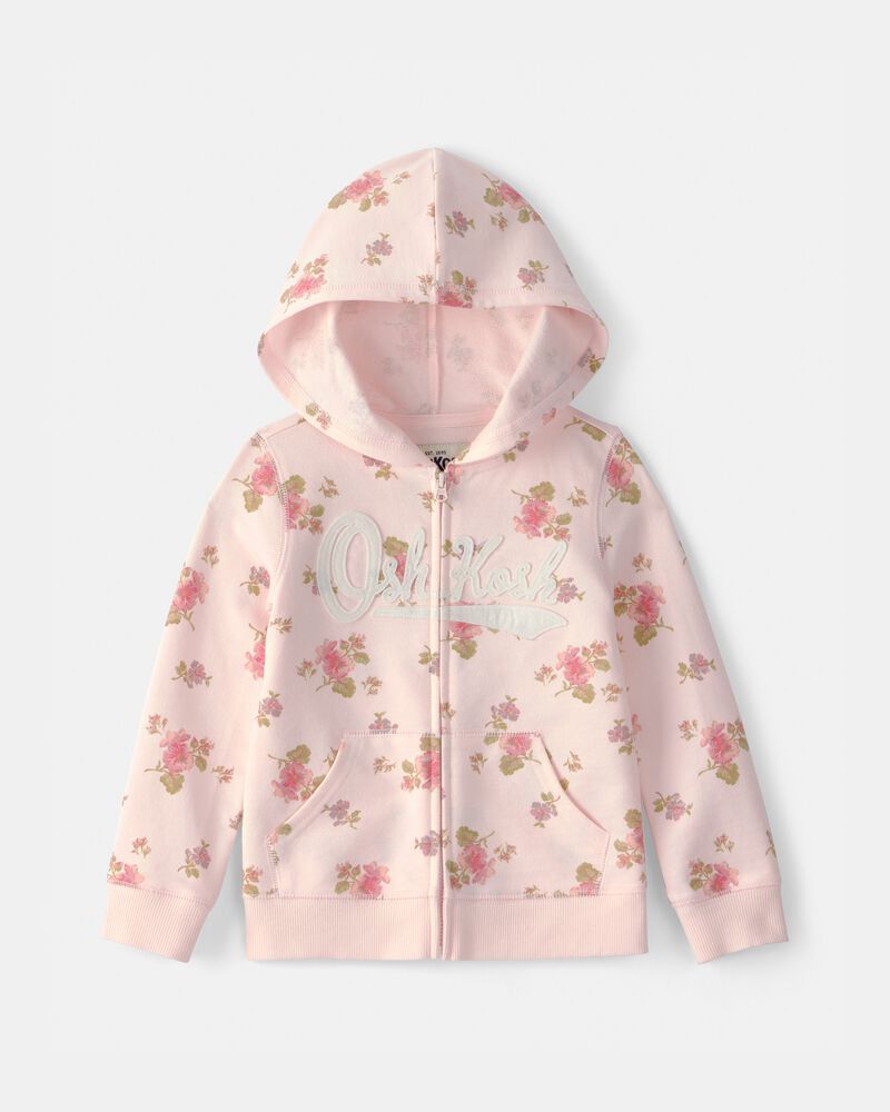 Toddler Girl Floral OshKosh Logo Hooded Zip-Up Jacket - Pink, image 1 of 4 slides