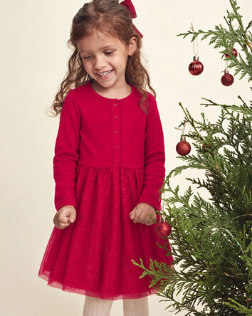 Girls Tulle Long-Sleeve Dress - Red, 