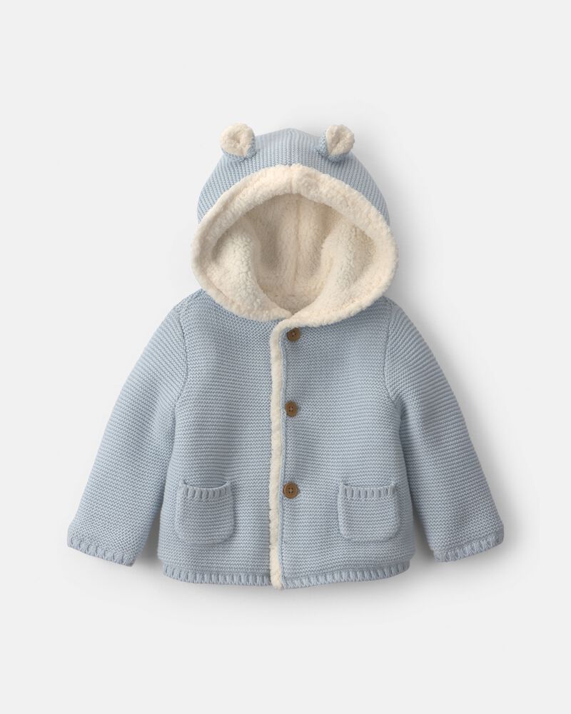 B&eacute;b&eacute; gar&ccedil;on - Blouson tricot &agrave; capuchon &agrave; th&egrave;me ourson - Bleu, image 1 sur 3 diapositives