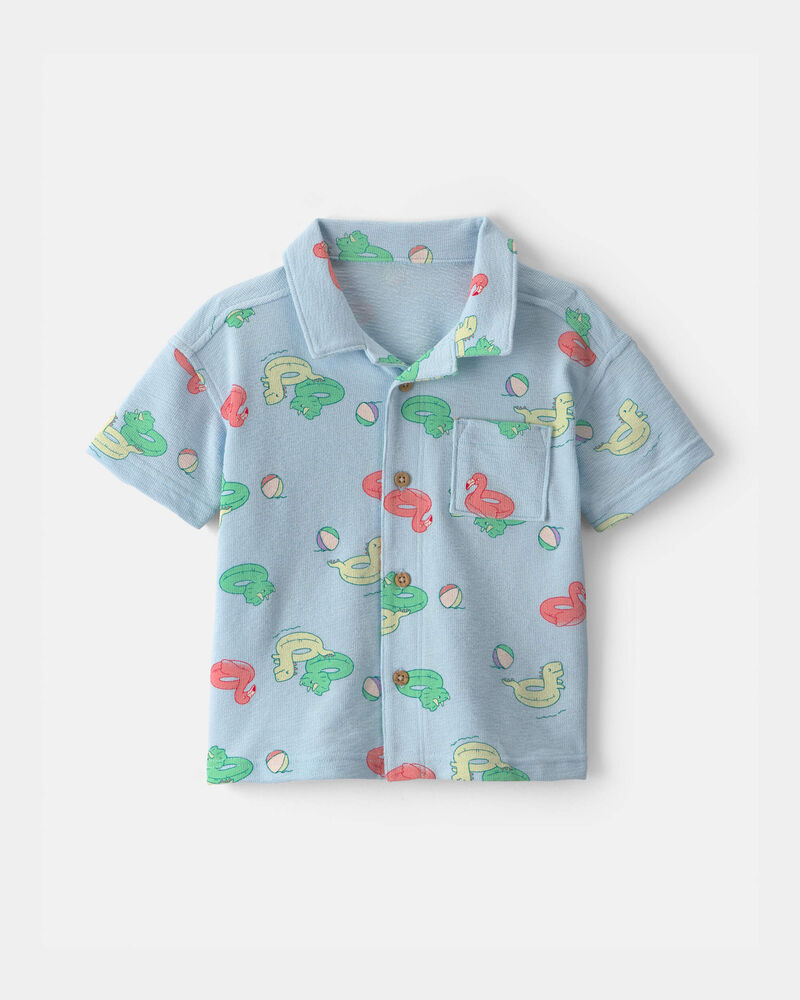 Tout-petit gar&ccedil;on - Chemise boutonn&eacute;e &agrave; manches courtes &agrave; motif de flotteurs de piscine - Bleu, image 1 sur 2 diapositives