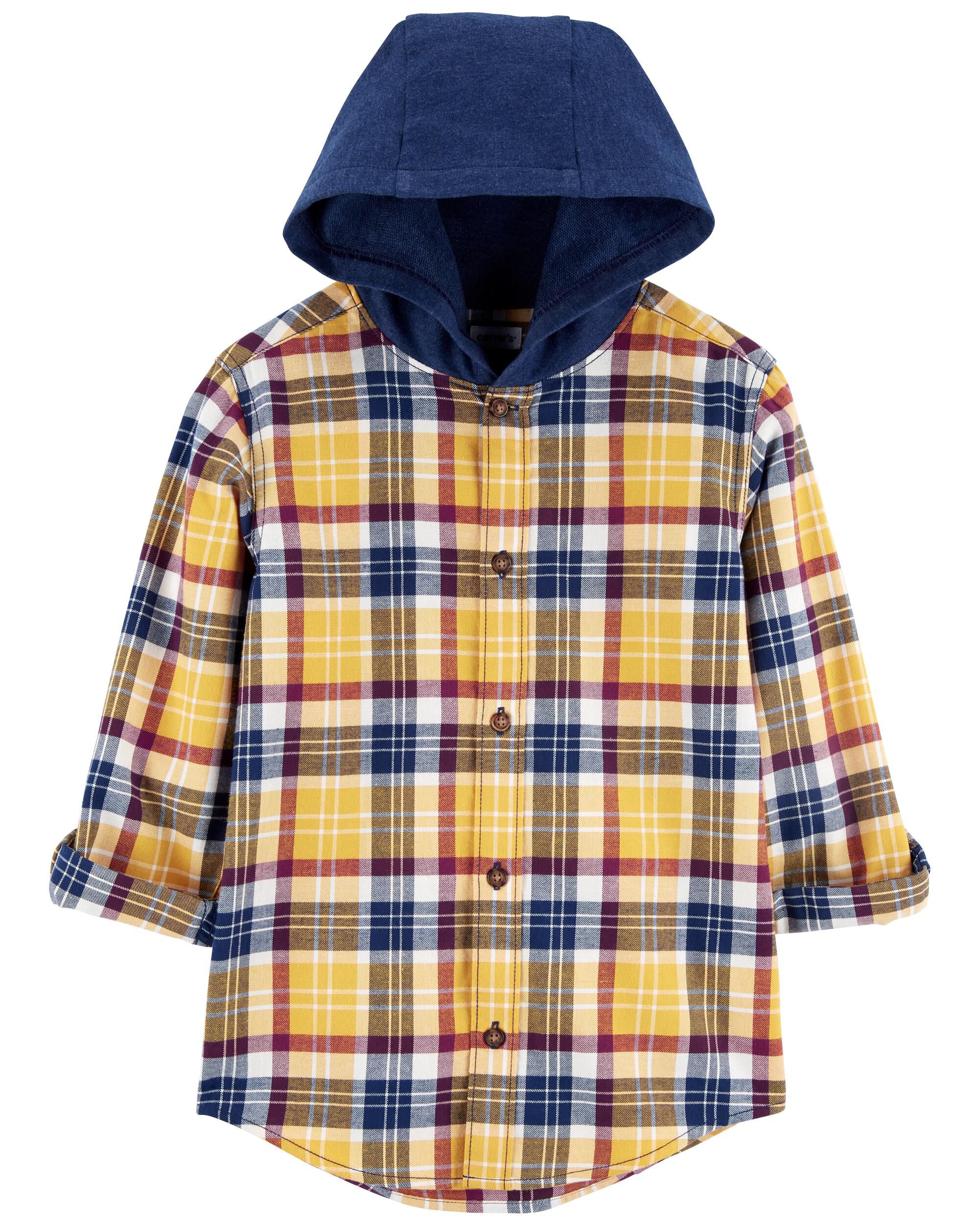 Hooded Flannel Button Front Shirt