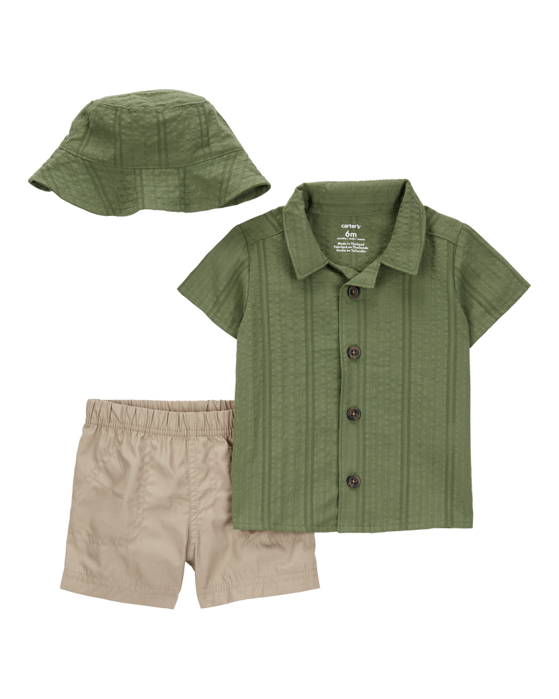 Bébé garçon - Ensemble 3 pièces short et chapeau - Vert olive/Kaki, image 1 sur 3 diapositives