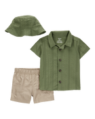 Bébé garçon - Ensemble 3 pièces short et chapeau - Vert olive/Kaki, image 1 sur 3 diapositives