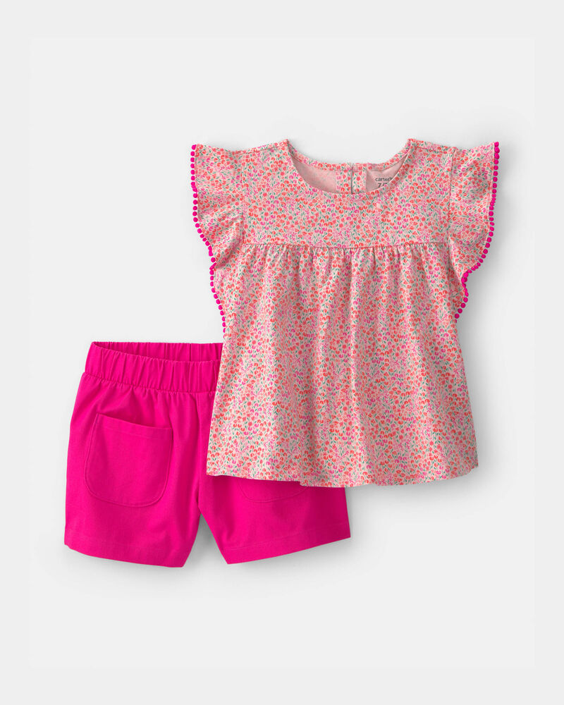 Girls 2-Piece Ruffle-Sleeve Top & Short Set - Pink, image 1 of 4 slides