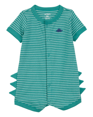 Baby Dinosaur Striped Cotton Short-Sleeve Romper - Green, 