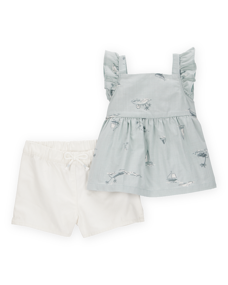 Baby 2-Piece Flutter Tank & Pull-On Short Set - Blue/White, image 1 of 4 slides