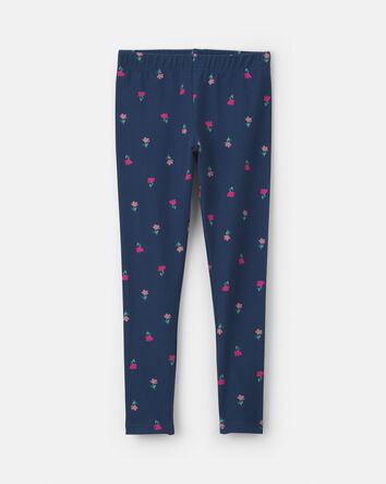 Girls Floral Pull-On Stretch Leggings - Navy Blue, 
