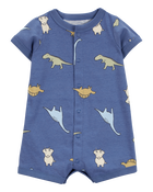 Baby Boy Dinosaur Print Jersey Short-Sleeve Romper - Blue, image 1 of 3 slides