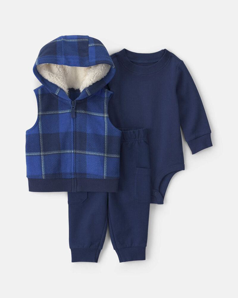 Baby Boy 3-Piece Buffalo Check Long-Sleeve Layering Set - Navy Blue, image 1 of 6 slides