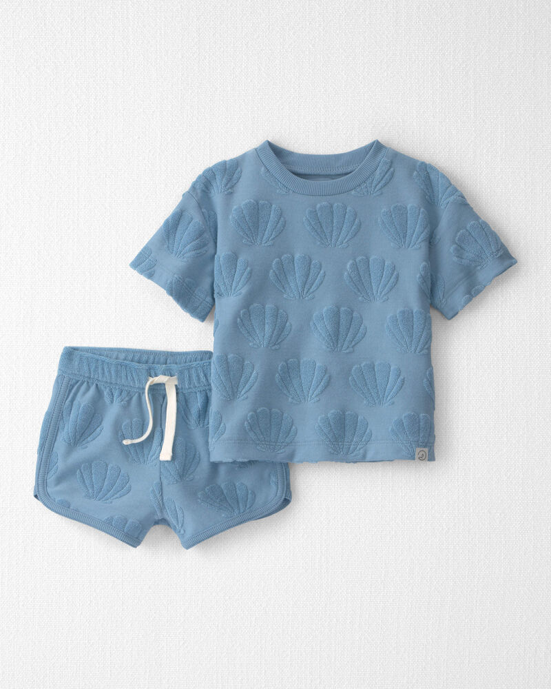 B&eacute;b&eacute; fille - Ensemble 2 pi&egrave;ces haut et short en tissu &eacute;ponge avec coton biologique &agrave; motif de coquillages bleus, image 1 sur 4 diapositives