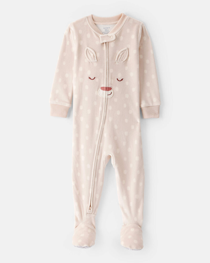 Toddler Girl Deer Print DreamPlush Snug Fit Long-Sleeve 2-Way Zip 1-Piece Pyjamas - Brown, image 1 of 3 slides