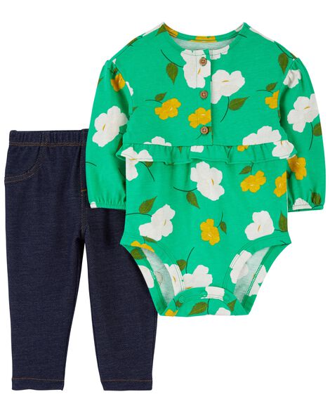 Beige 2-Piece Floral Babydoll Shirt & Pant Set