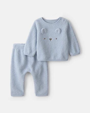 B&eacute;b&eacute; gar&ccedil;on - Ensemble 2 pi&egrave;ces haut manches longues et pantalon en molleton &agrave; th&egrave;me ourson &ndash; Bleu, 