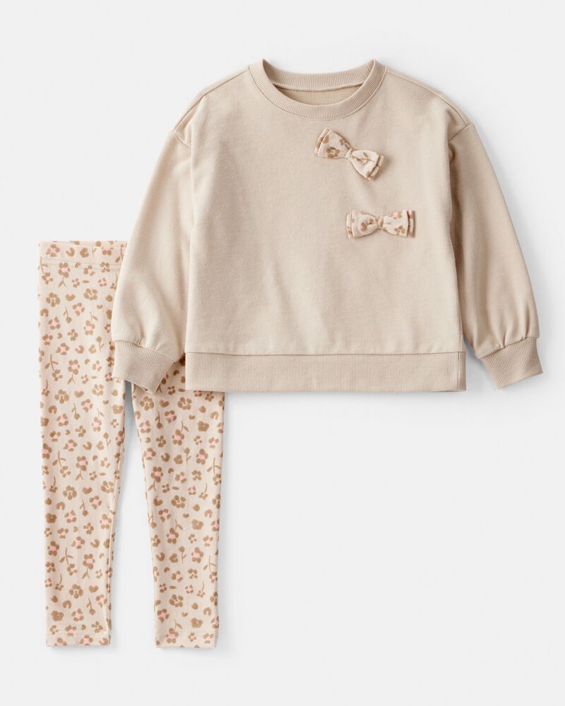 Toddler Girl Bow Floral French Terry Sweatshirt & Pant Set - Beige, image 1 of 4 slides