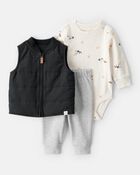 Baby Boy 3-Piece Quilted Vest Outfit Set - Grey/Black, image 1 of 5 slides