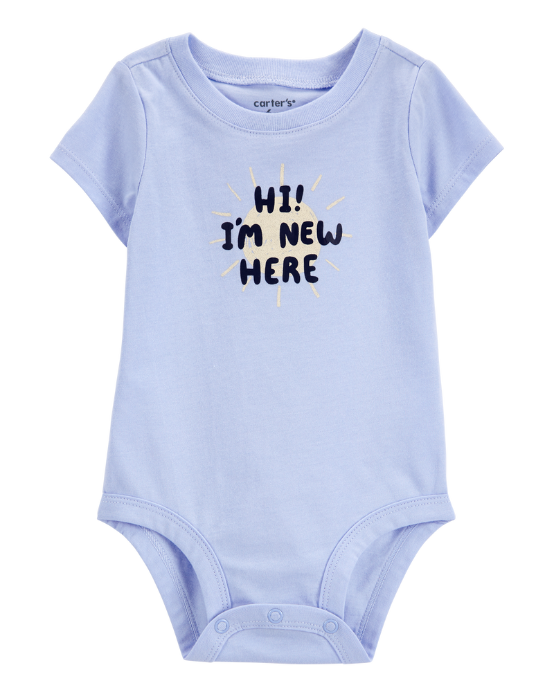 Baby "I'm New Here" Short-Sleeve Bodysuit - Blue, image 1 of 3 slides
