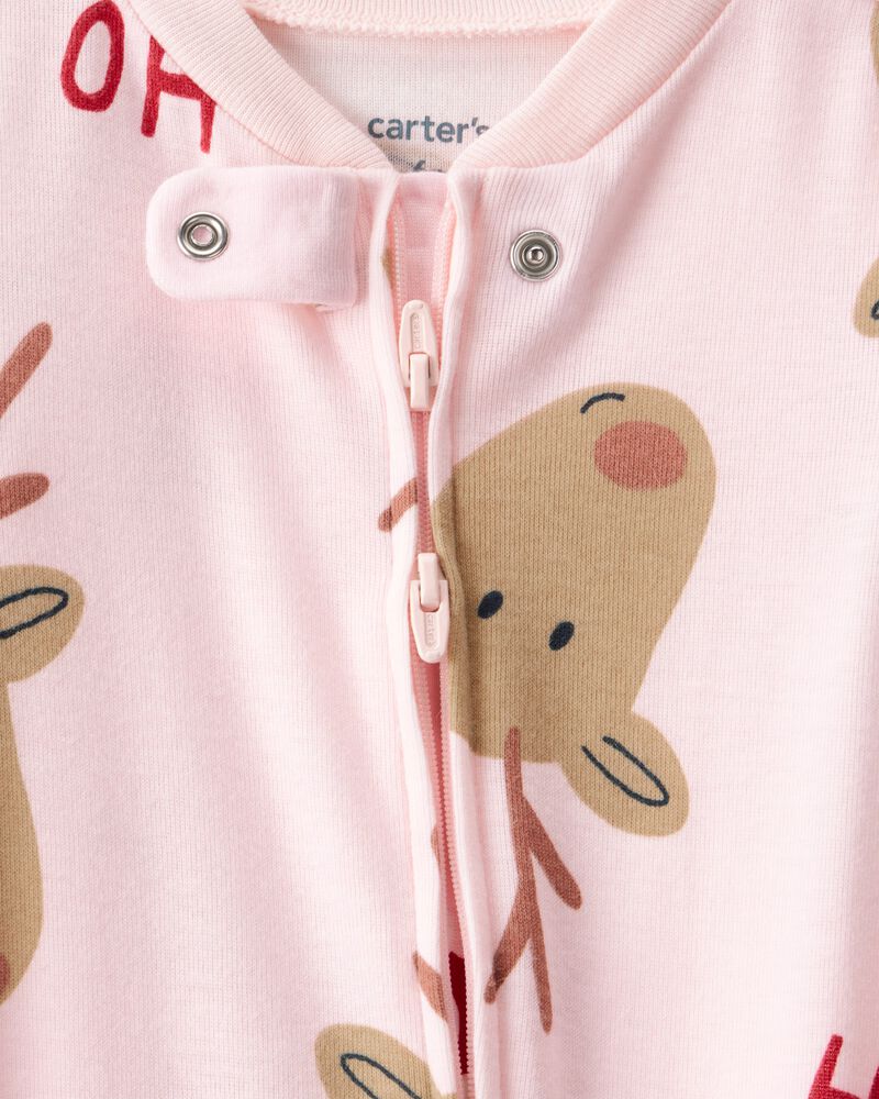 Baby Girl Reindeer 100% Cotton Snug Fit 2-Way Zip Sleeper - Pink, image 2 of 4 slides
