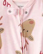 Baby Girl Reindeer 100% Cotton Snug Fit 2-Way Zip Sleeper - Pink, image 2 of 4 slides