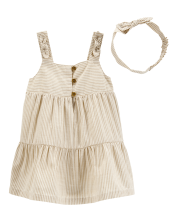 Baby Striped Cotton Dress - Tan, 