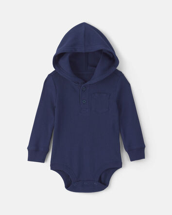 Baby Boy Thermal Long-Sleeve Hooded Bodysuit - Navy Blue, 