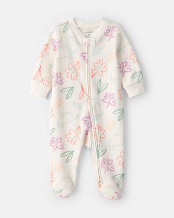 Baby Girl Spring Floral 2-Way Zip 100% Cotton Sleeper - Ivory, 