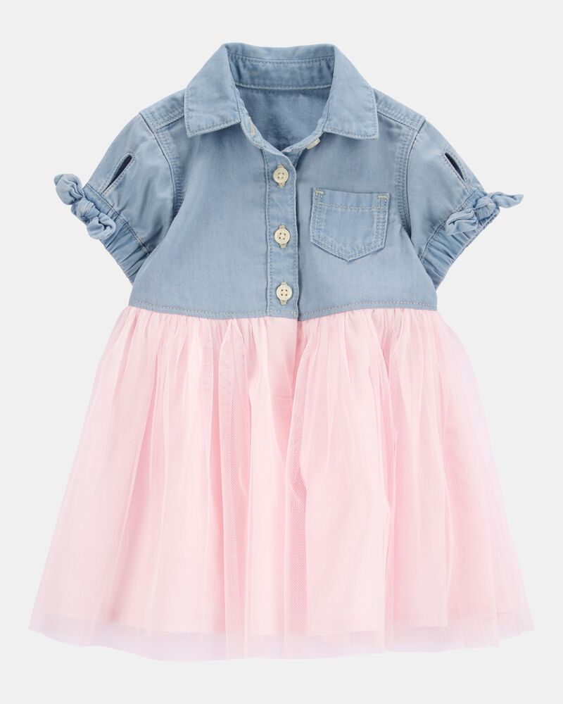 Baby Denim Shirt Dress With Tulle Skirt, image 1 of 4 slides