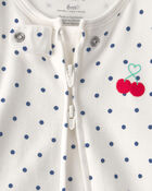 Baby Girl Cherry 2-Way Zip 100% Cotton Sleeper - White, image 3 of 6 slides
