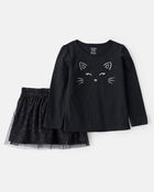 Tout-petit Ensemble 2 pièces pour Halloween t-shirt à chat et jupe-short en tulle, image 1 sur 6 diapositives