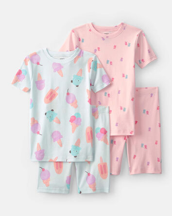 Girls Ice Cream 100% Cotton Short-Sleeve Snug Fit 4-Piece Pyjama Set - Pink/Blue, 