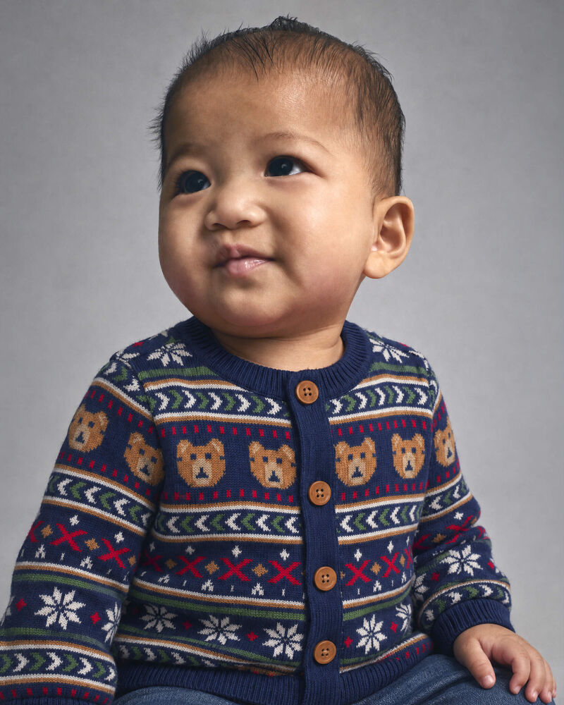 Baby Neutral Bear Fair Isle Cardigan Sweater - Navy Blue, image 2 of 4 slides