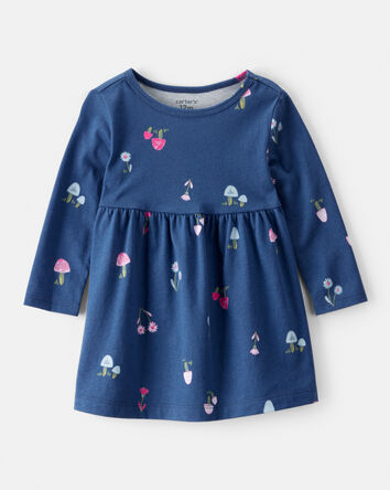 Bébé fille - Robe en coton à manches longues imprimé champignons – Bleu, 