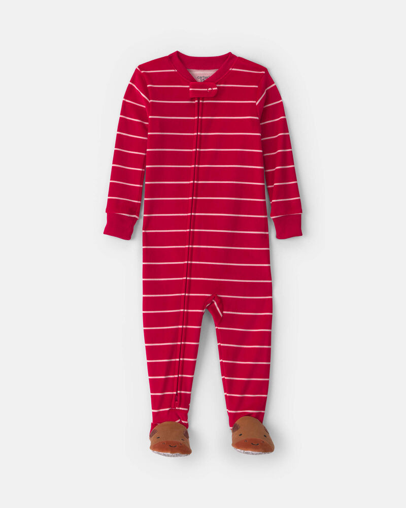 Toddler Boy 1-Piece Moose Striped DreamPlush Snug Fit Footed Pyjama - Red, image 1 of 5 slides