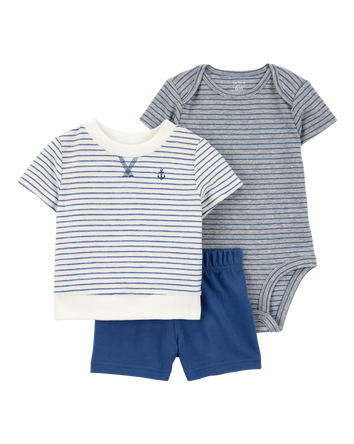 Baby 3-Piece Striped Anchor Outfit Set - Blue, 