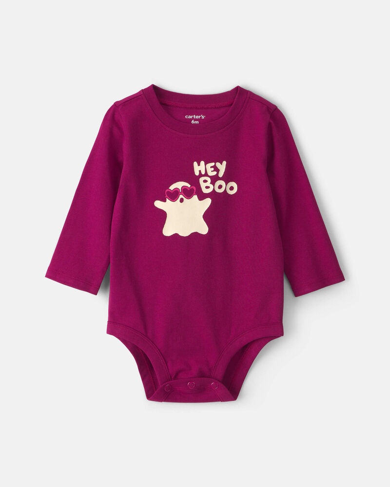 Baby Girl 'Hey Boo' Ghost Long-Sleeve Graphic Bodysuit - Burgundy, image 1 of 3 slides