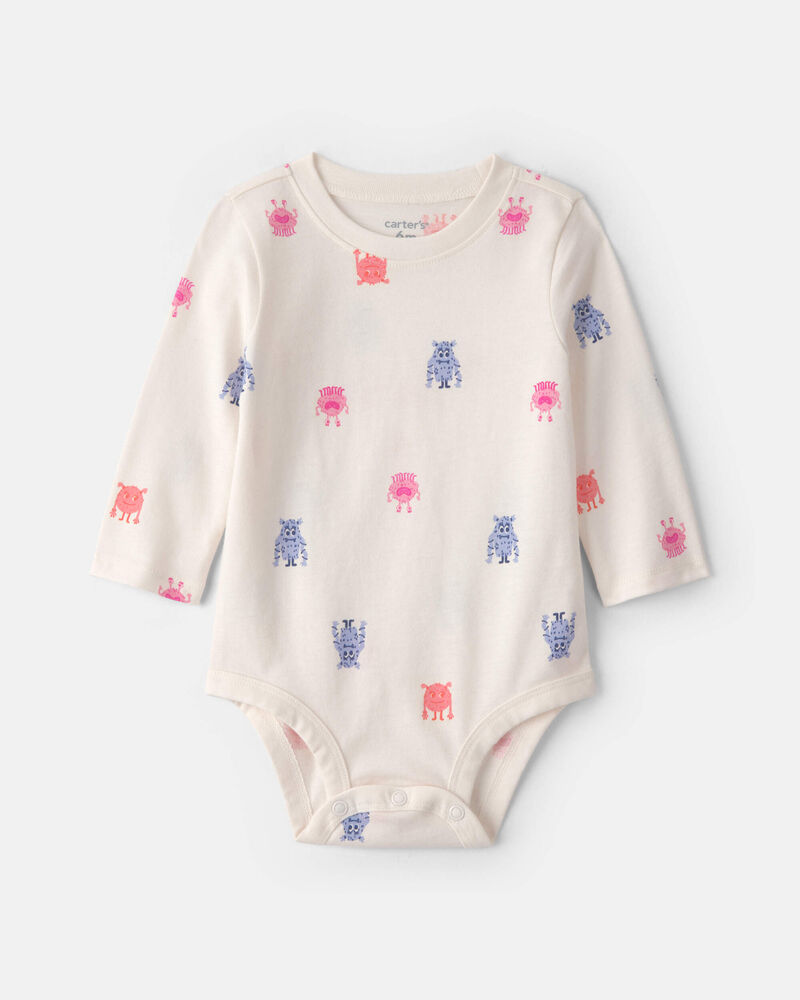 Baby Girl Monster Long-Sleeve Graphic Bodysuit - Cream, image 1 of 5 slides