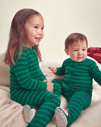 Tout-petit - Pyjama ajust&eacute; 1-pi&egrave;ce avec pieds en 100 % coton &agrave; rayures et motif bonhomme de neige &ndash; Vert, 